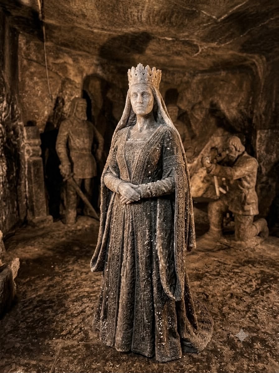 The Saint Kinga figure carved in salt, standing tall inside an underground chamber.