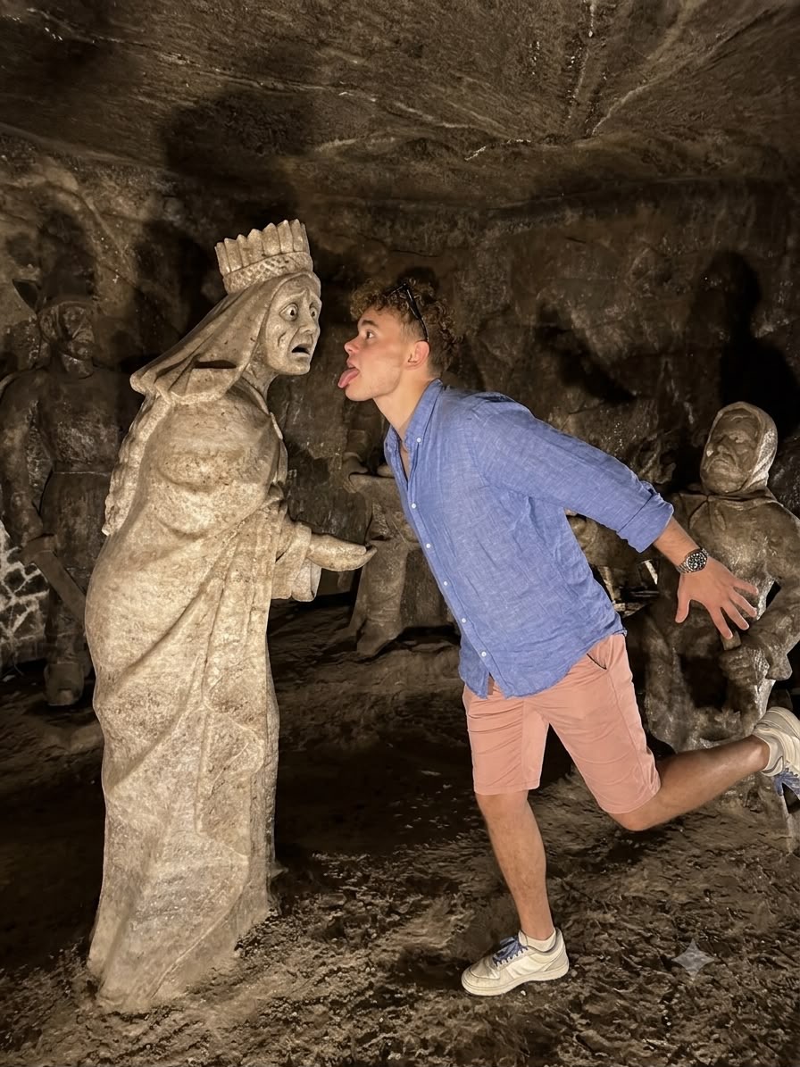 A visitor touching the protected salt surface of the Kinga figure.